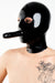 A man wearing a latex anatomical mask with a dildo.