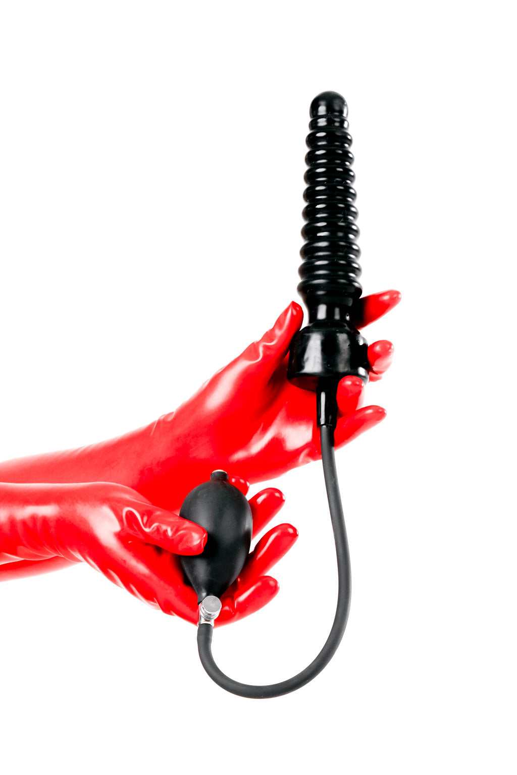 Red latex gloves holding a large ribbed dildo.