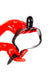 Red latex gloves holding a solid gag on a strap.