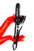 Red latex gloves holding a strap-on ejaculating dildo.