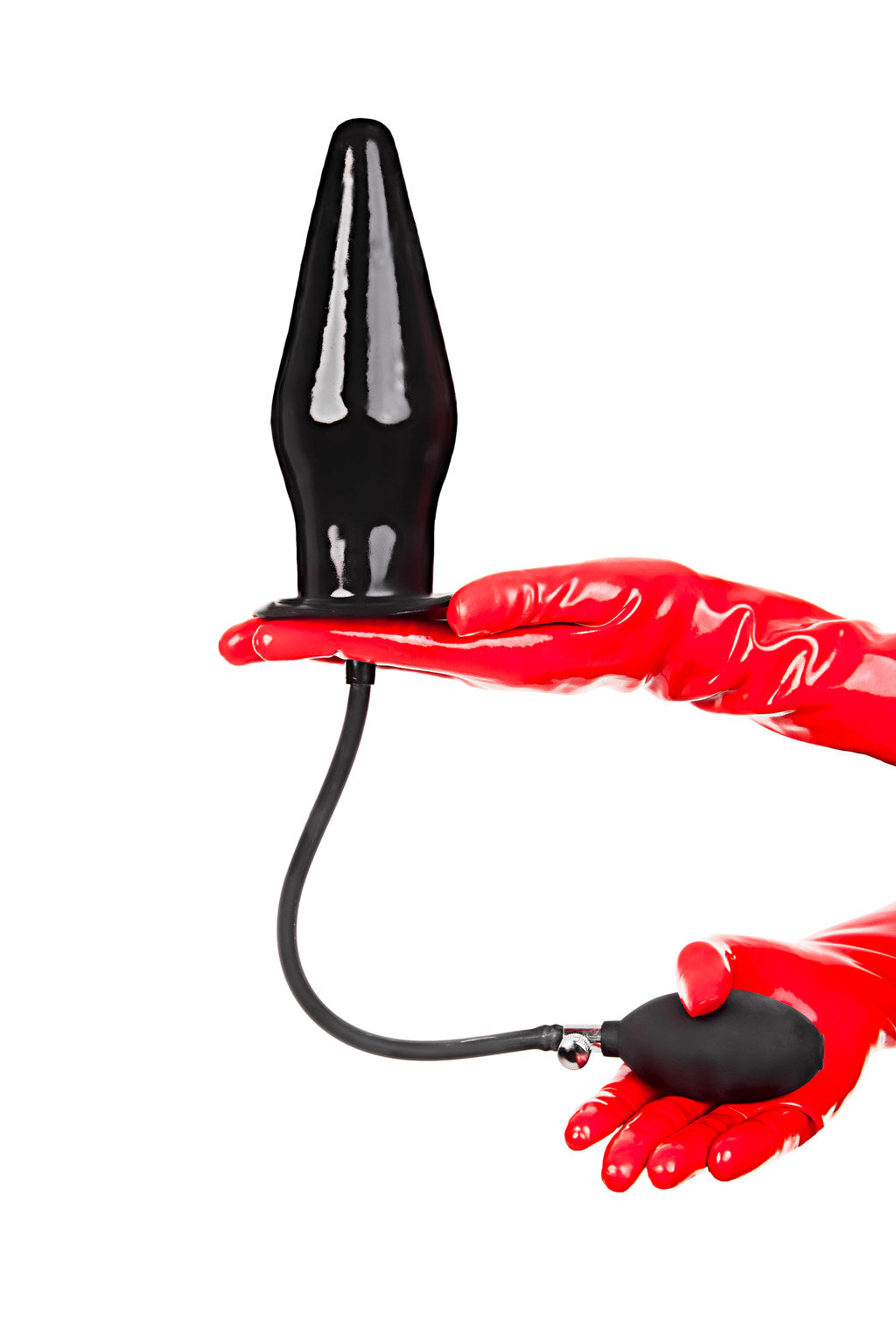 Red latex gloves holding a XXL inflatable butt plug.