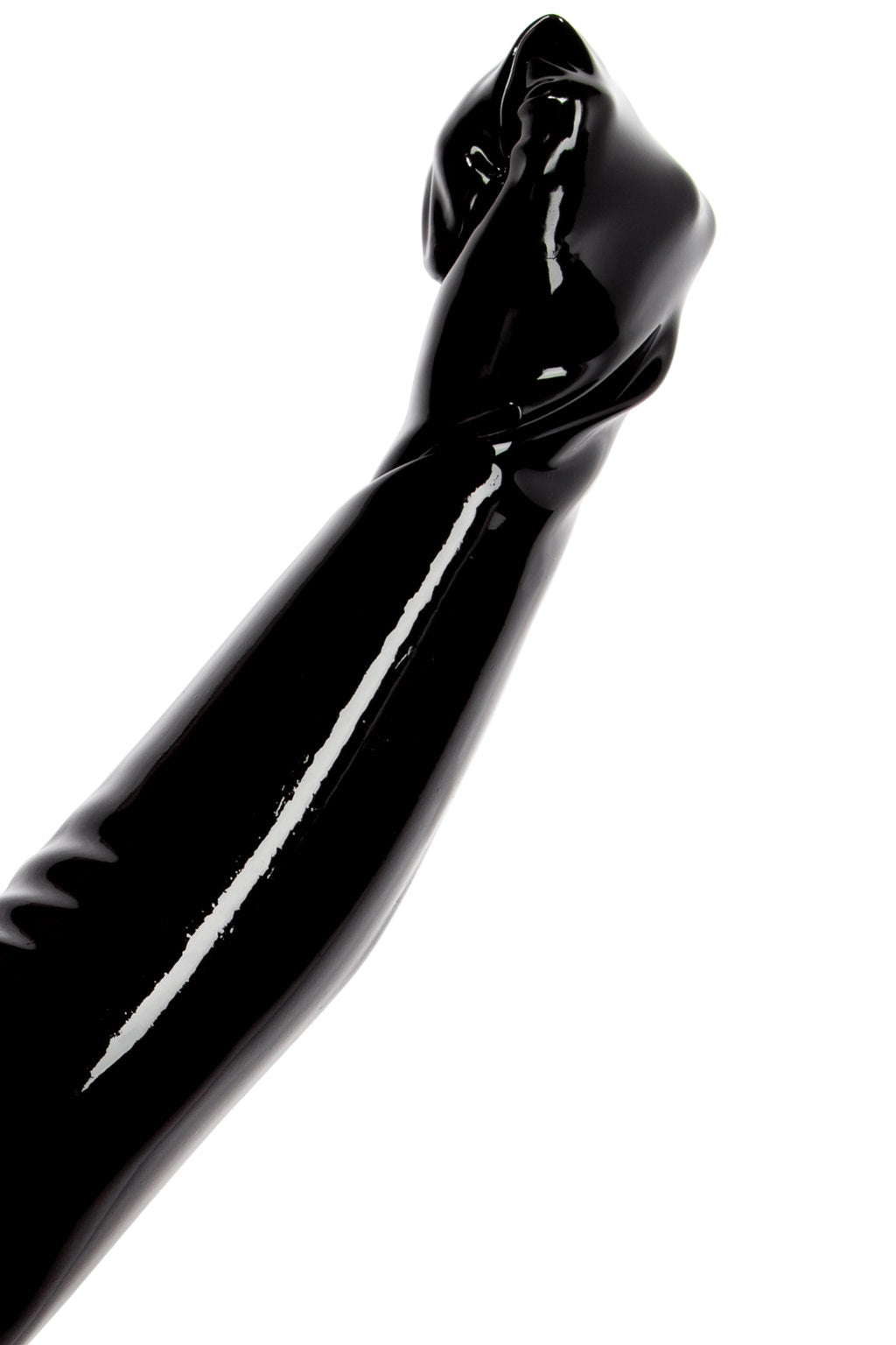 A hand making a fist while wearing a black latex fisting mitt.