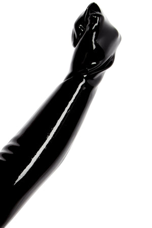 A hand making a fist while wearing a black latex fisting mitt.