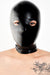 A person wearing a black latex anatomical latex mask.