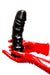 Red latex gloves holding a large solid penis dildo.