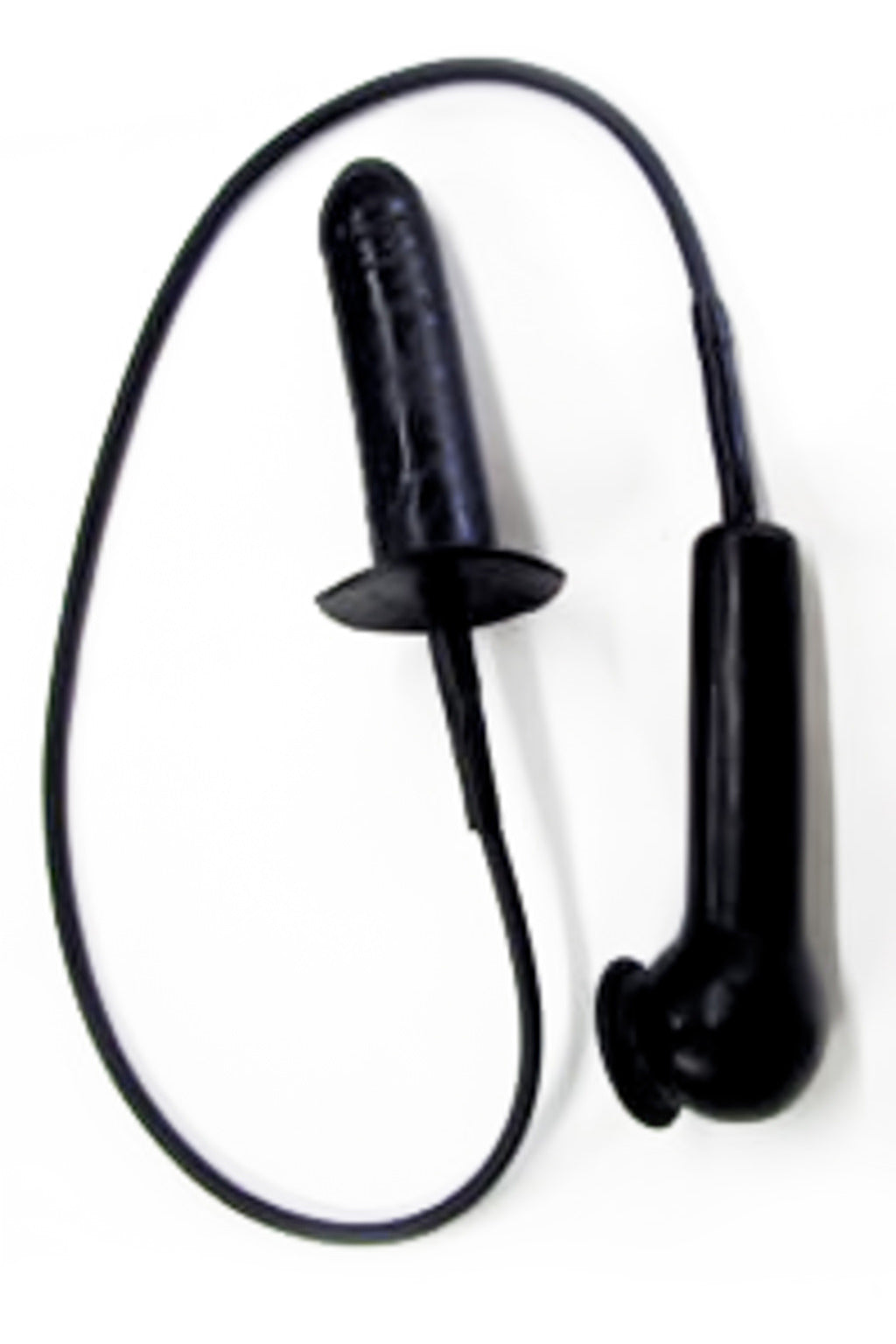Latex enema gear. A penis sheath attaches to a large solid penis plug via a thin tube.