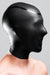 A person wearing a black laser etched micro breathe latex enclosure hood.