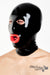 A man wearing a black latex hood with red lips.