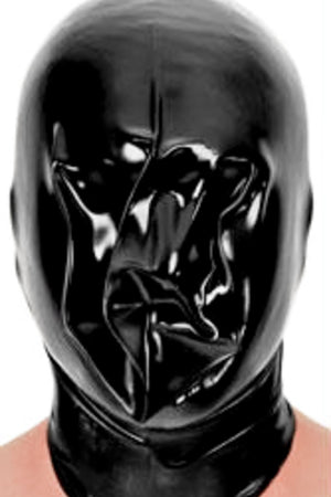 A person wearing a latex rebreather hood.