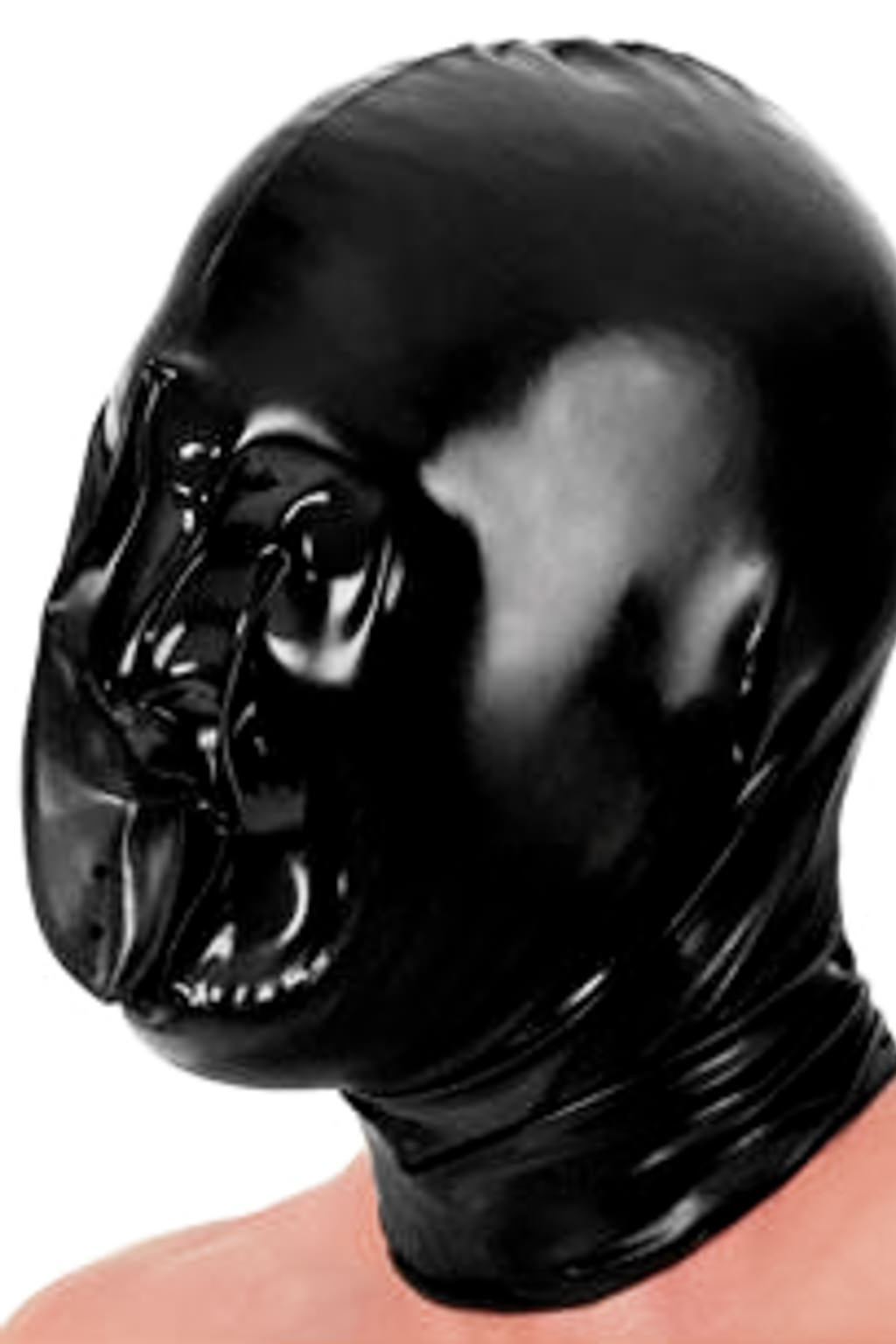 A person wearing a black latex rebreather hood.