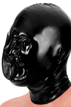 A person wearing a black latex rebreather hood.