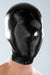 A person wearing a black micro breathe latex zentai enclosure hood.