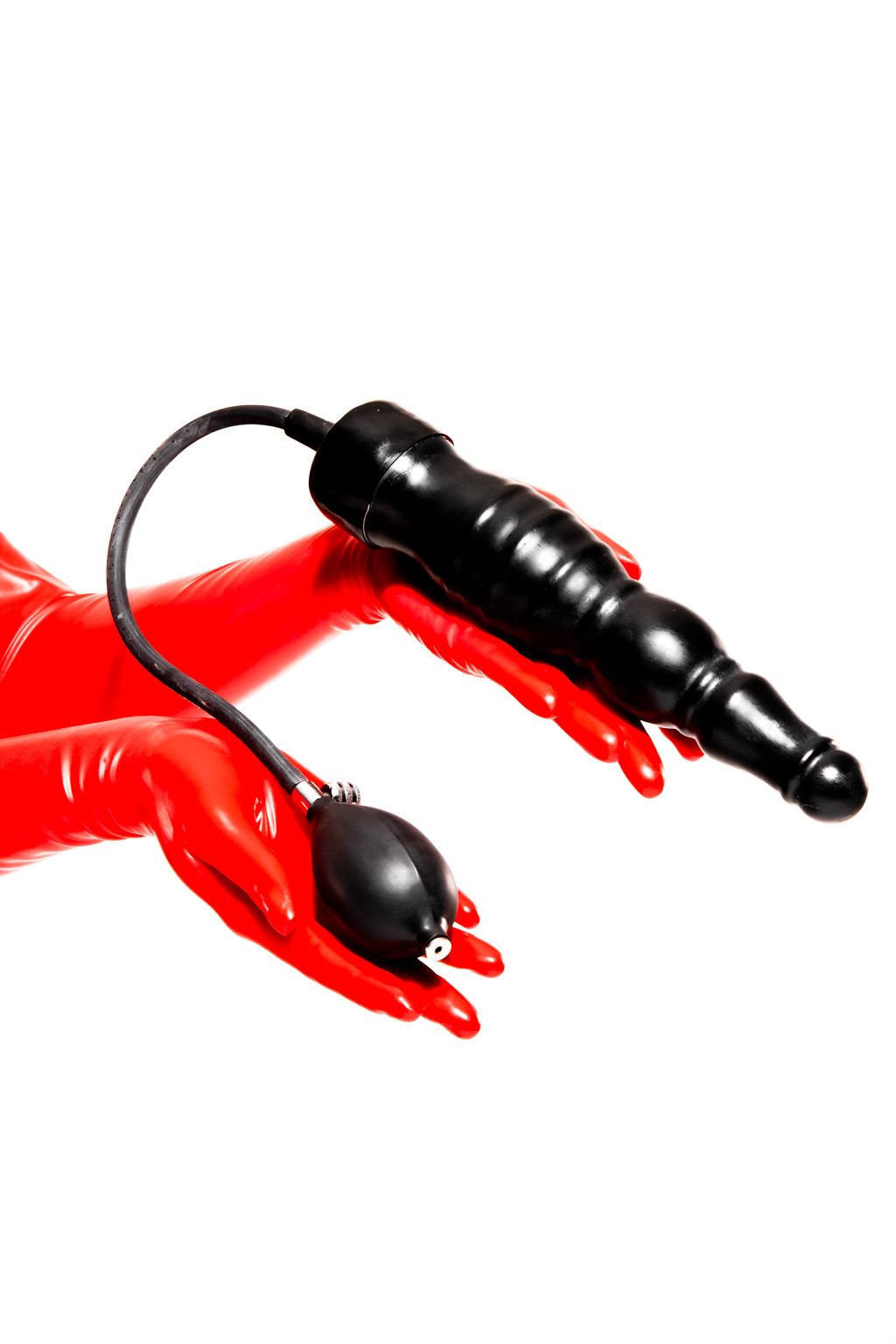 Red latex gloves holding a large inflatable ribbed dildo.