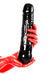 Red latex gloves holding a solid gargantuan dildo.