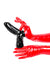 Red latex gloves holding a textured cock and ball penis sheath.