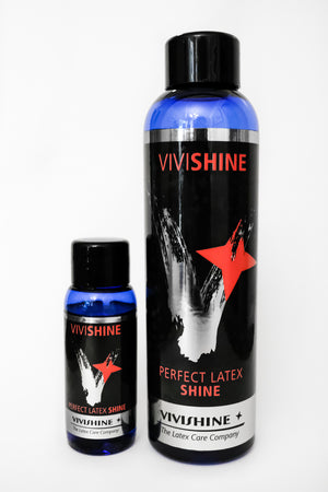 Two bottles of ViviShine, a latex care and shine solution.