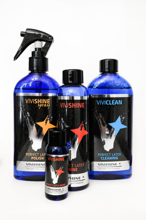 A collection of ViviShine latex care and cleaning products.