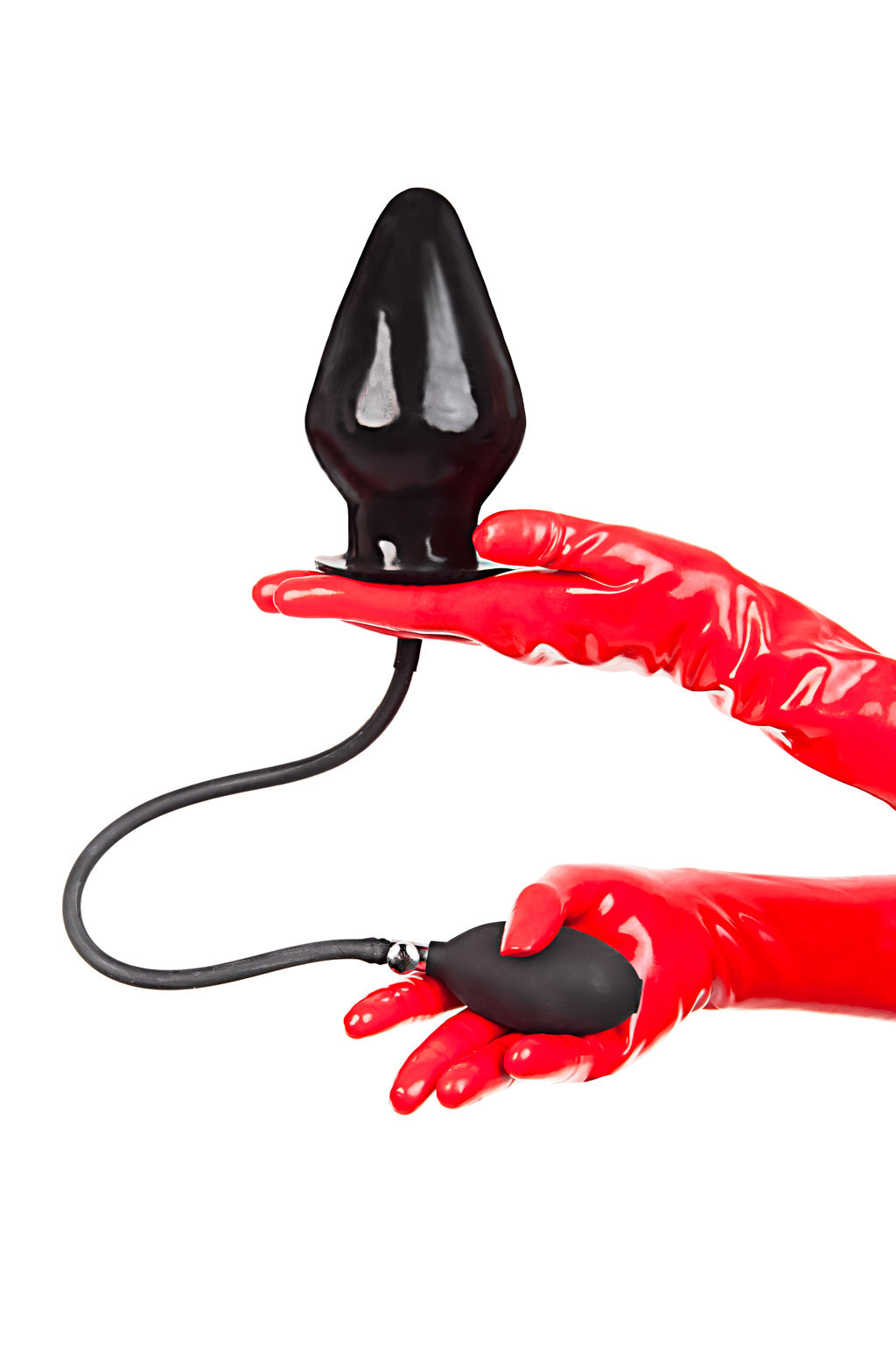 Red latex gloves holding a wide inflatable butt plug.