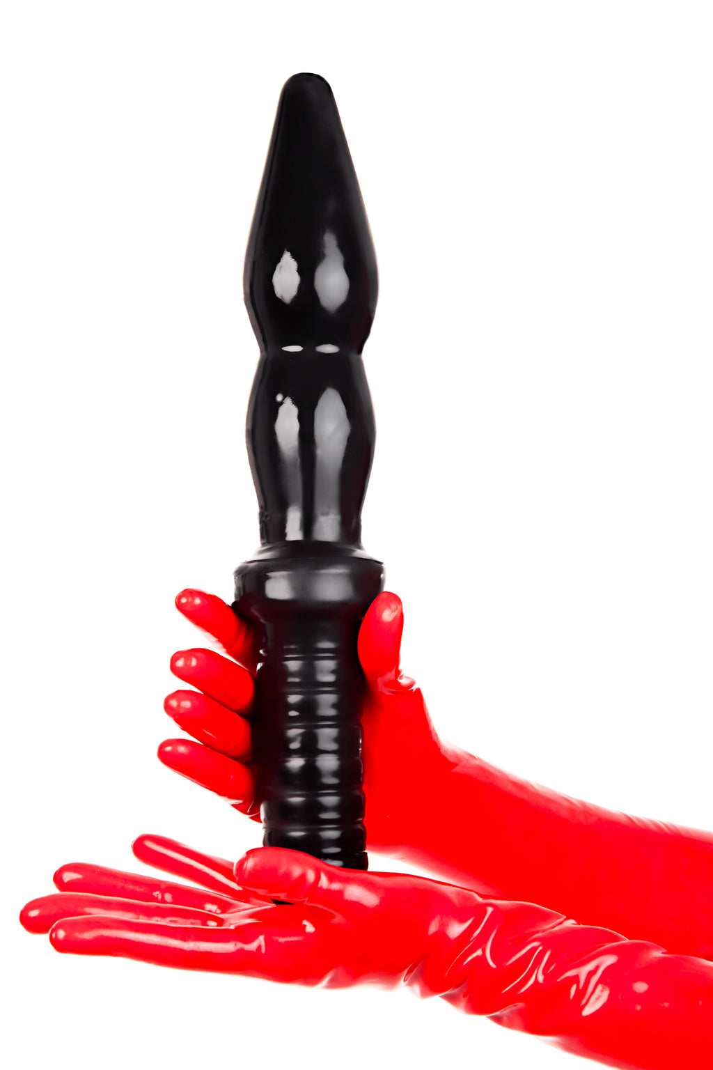 Red latex gloves holding an extra large butt plug on a handle.