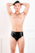 A man wearing a pair of black latex briefs with an inflatable butt plug.