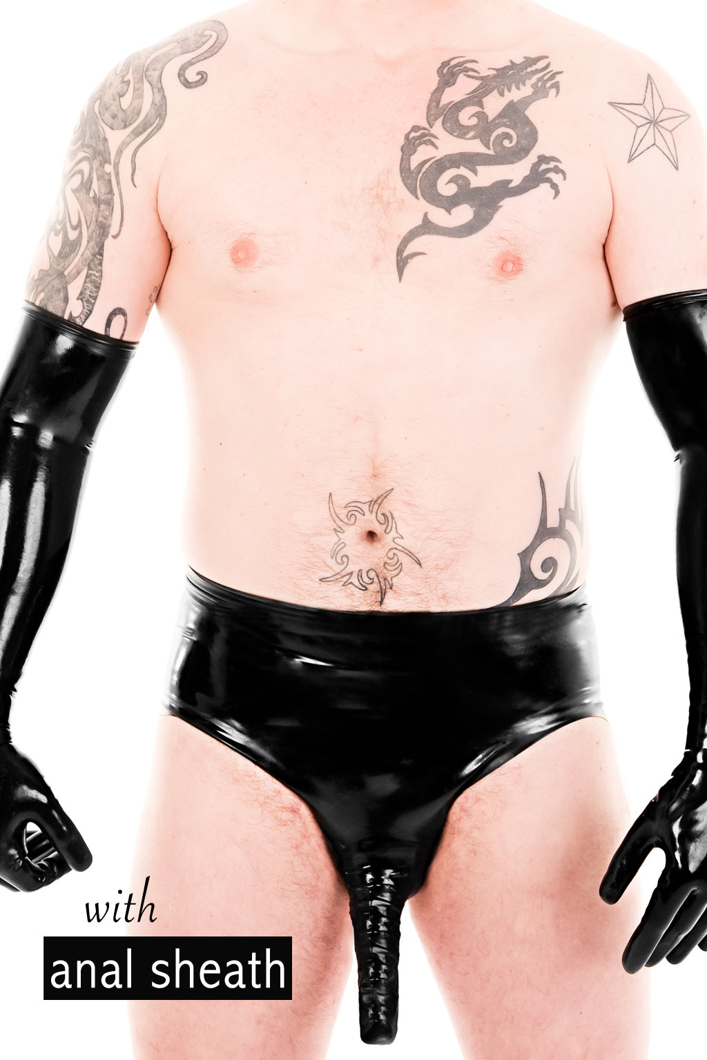 A man wearing a pair of latex briefs with an anatomical penis sheath and an anal sheath.