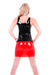 The back of a woman wearing a red latex mini skirt and a black latex top.