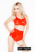 A woman wearing a pair of high waisted latex underwear and a red latex bra with open nipples.