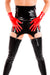 A woman wearing red latex wrist gloves and a high waisted latex garter belt with latex stockings.